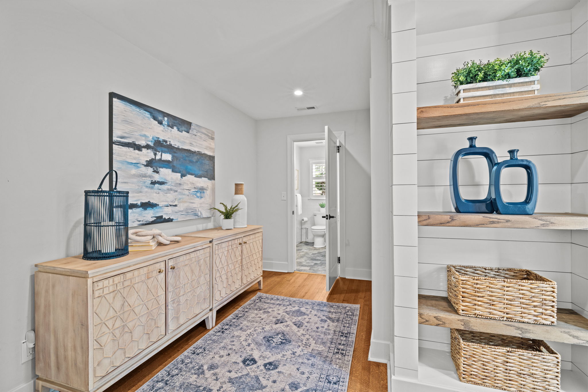 Entry way with blue accents and decor